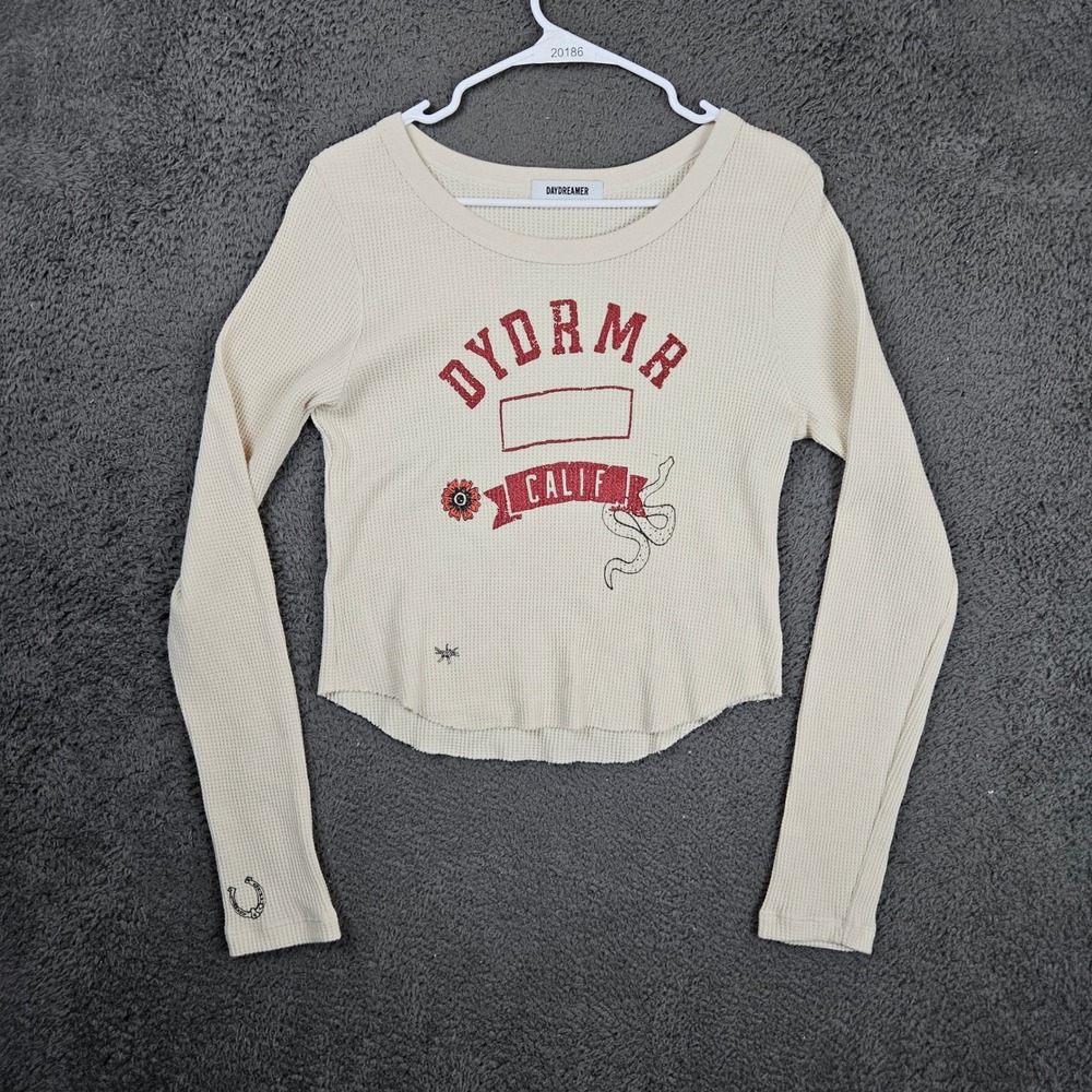 Daydreamer‎ Womens XL Cream Graphic Waffle Knit Cropped Thermal Top